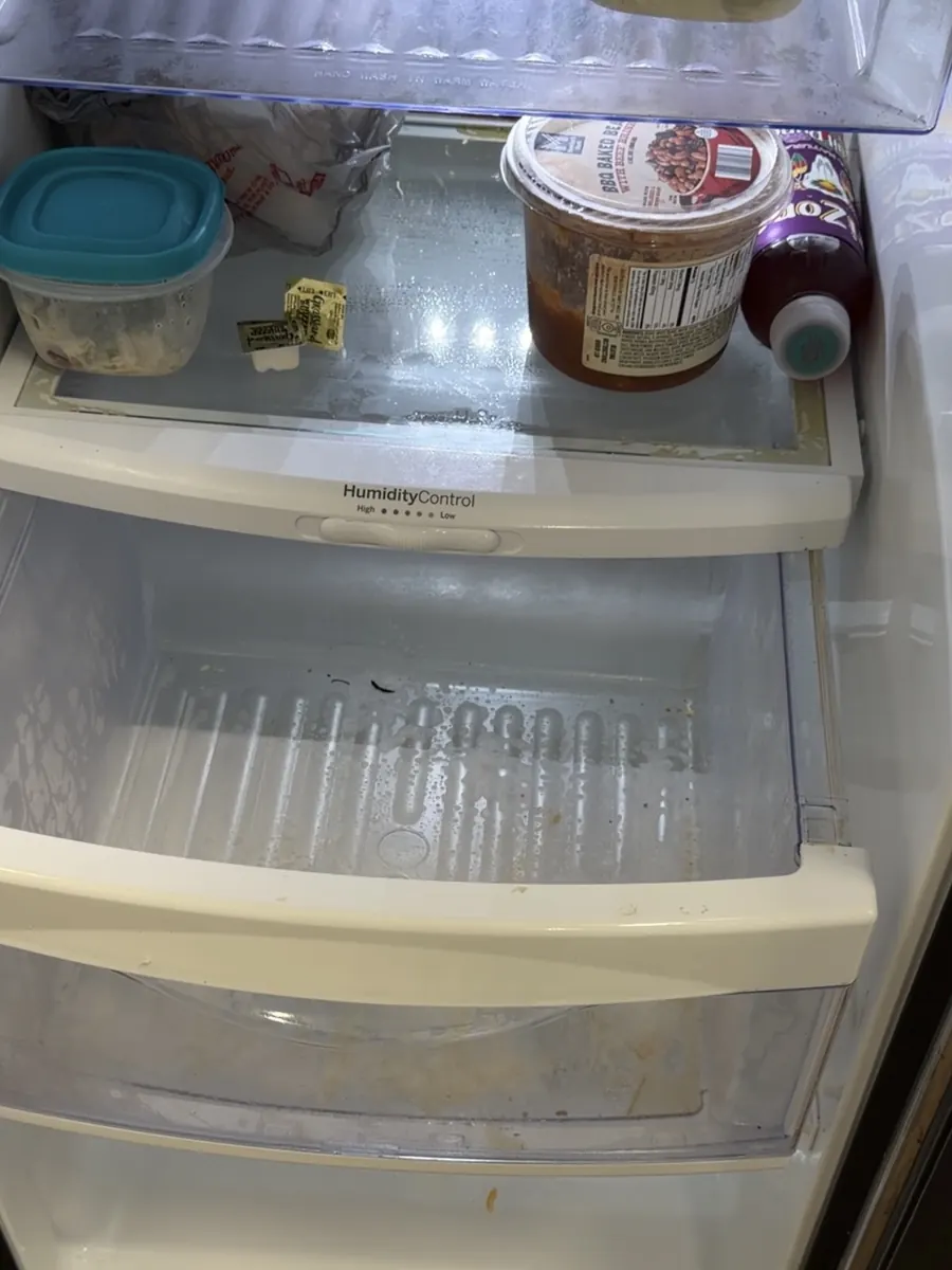 Antes: refrigerador con manchas, derrames de comida y gavetas sucias